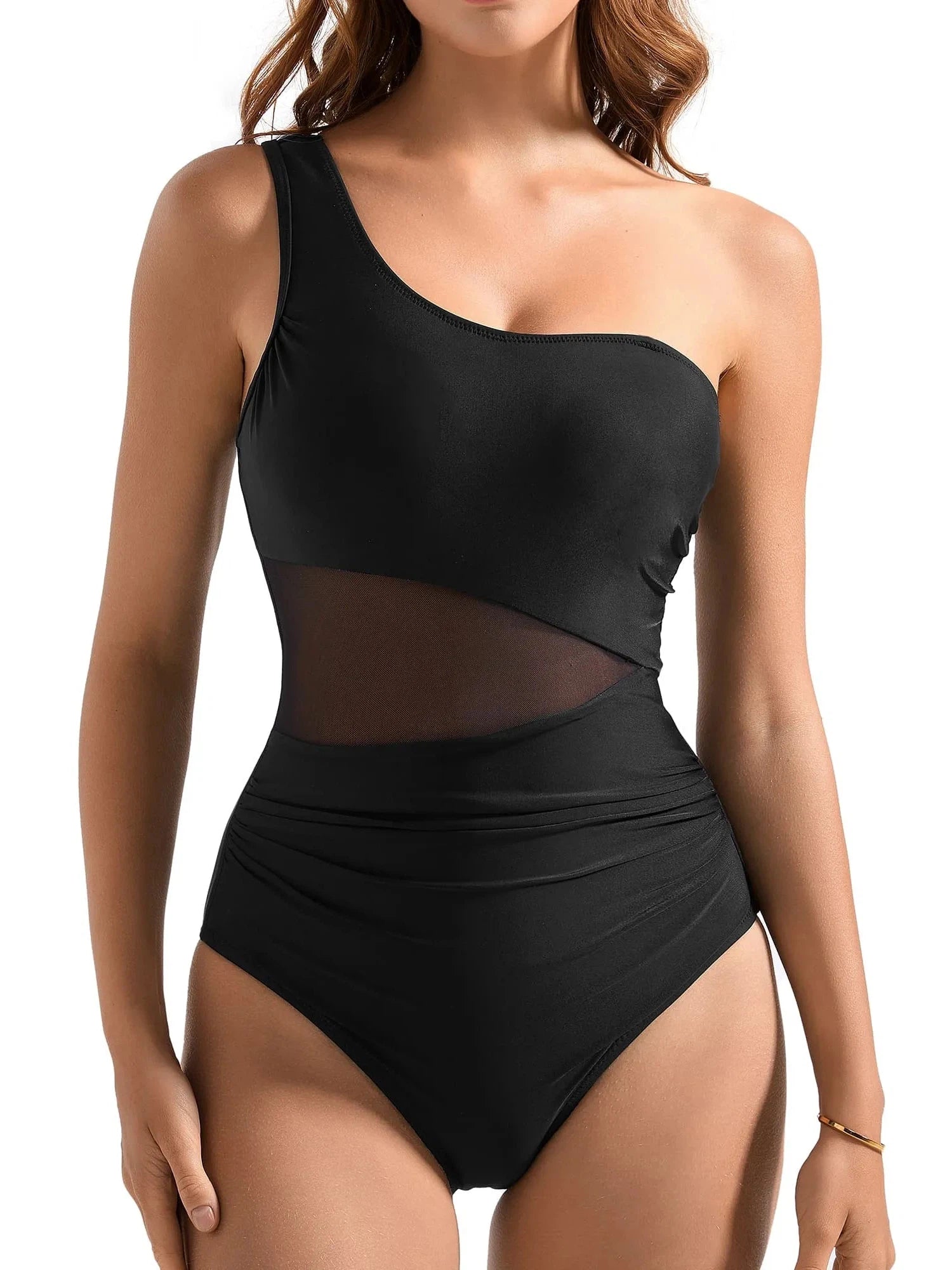 SUUKSESS Women Mesh One Shoulder One Piece Swimsuit Tummy Control Bathing Suit-SUUKSESS-Black-S-SUUKSESS