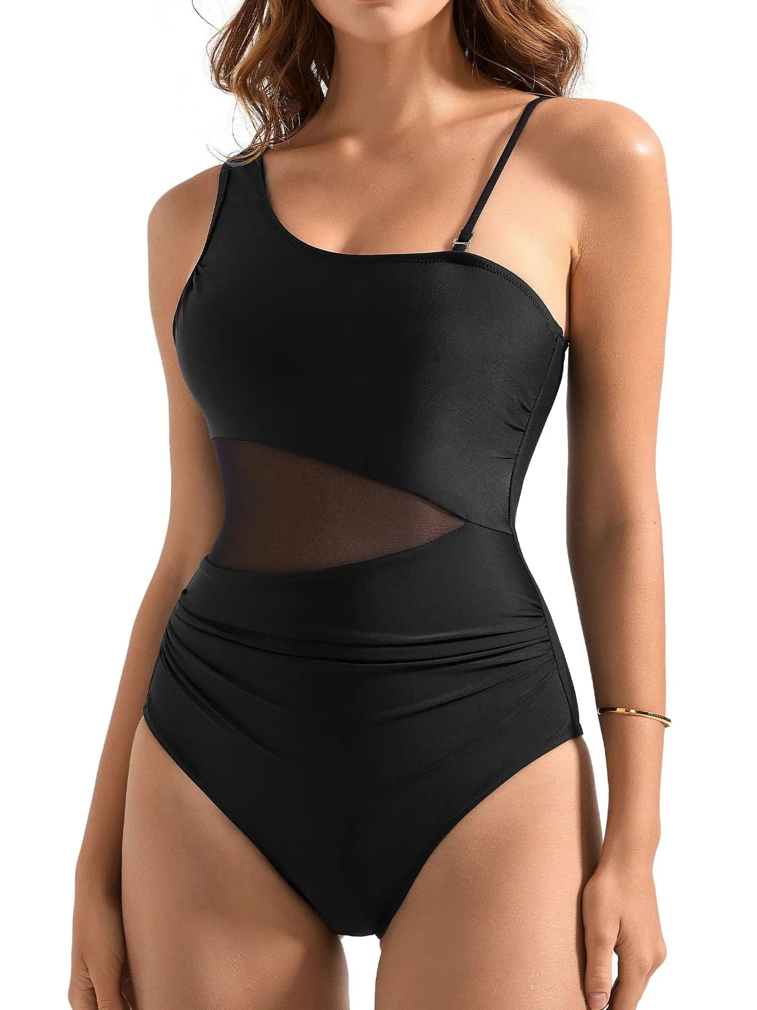 SUUKSESS Women Mesh One Shoulder One Piece Swimsuit Tummy Control Bathing Suit-SUUKSESS-SUUKSESS