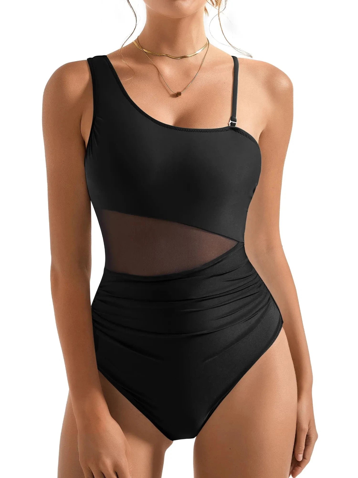 SUUKSESS Women Mesh One Shoulder One Piece Swimsuit Tummy Control Bathing Suit-SUUKSESS-SUUKSESS