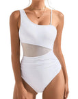 SUUKSESS Women Mesh One Shoulder One Piece Swimsuit Tummy Control Bathing Suit-SUUKSESS-White-S-SUUKSESS