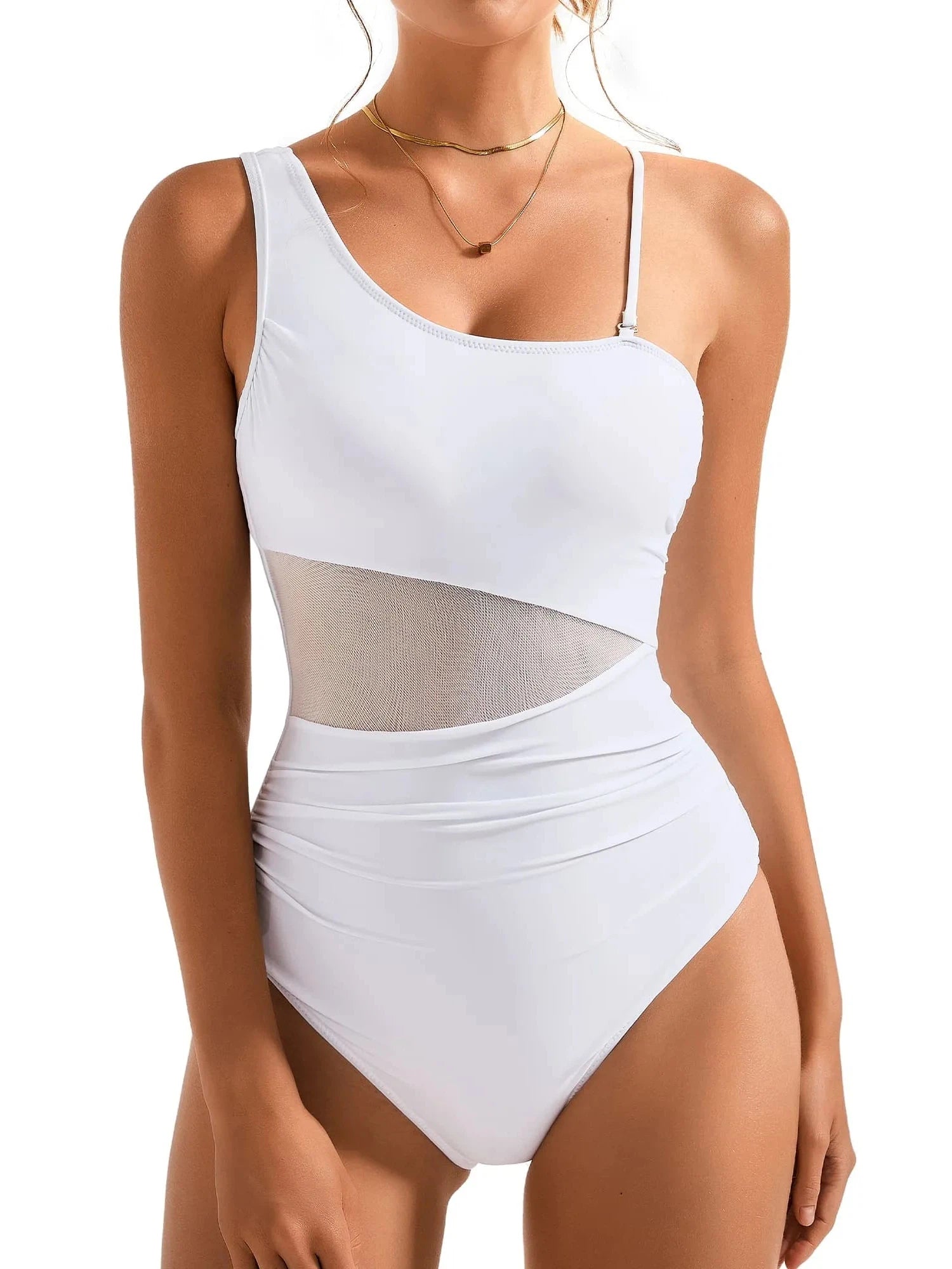 SUUKSESS Women Mesh One Shoulder One Piece Swimsuit Tummy Control Bathing Suit-SUUKSESS-SUUKSESS