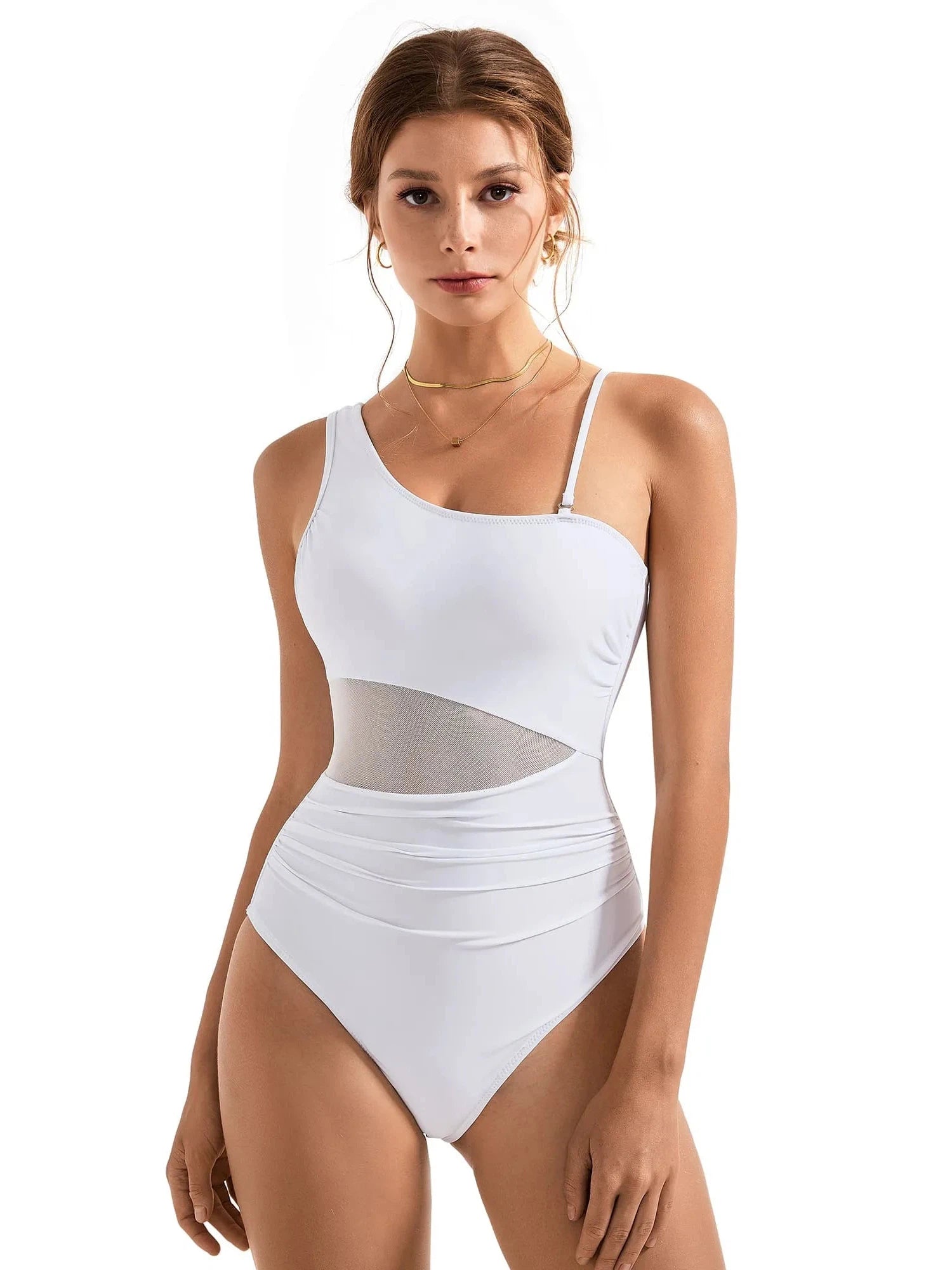 SUUKSESS Women Mesh One Shoulder One Piece Swimsuit Tummy Control Bathing Suit-SUUKSESS-SUUKSESS