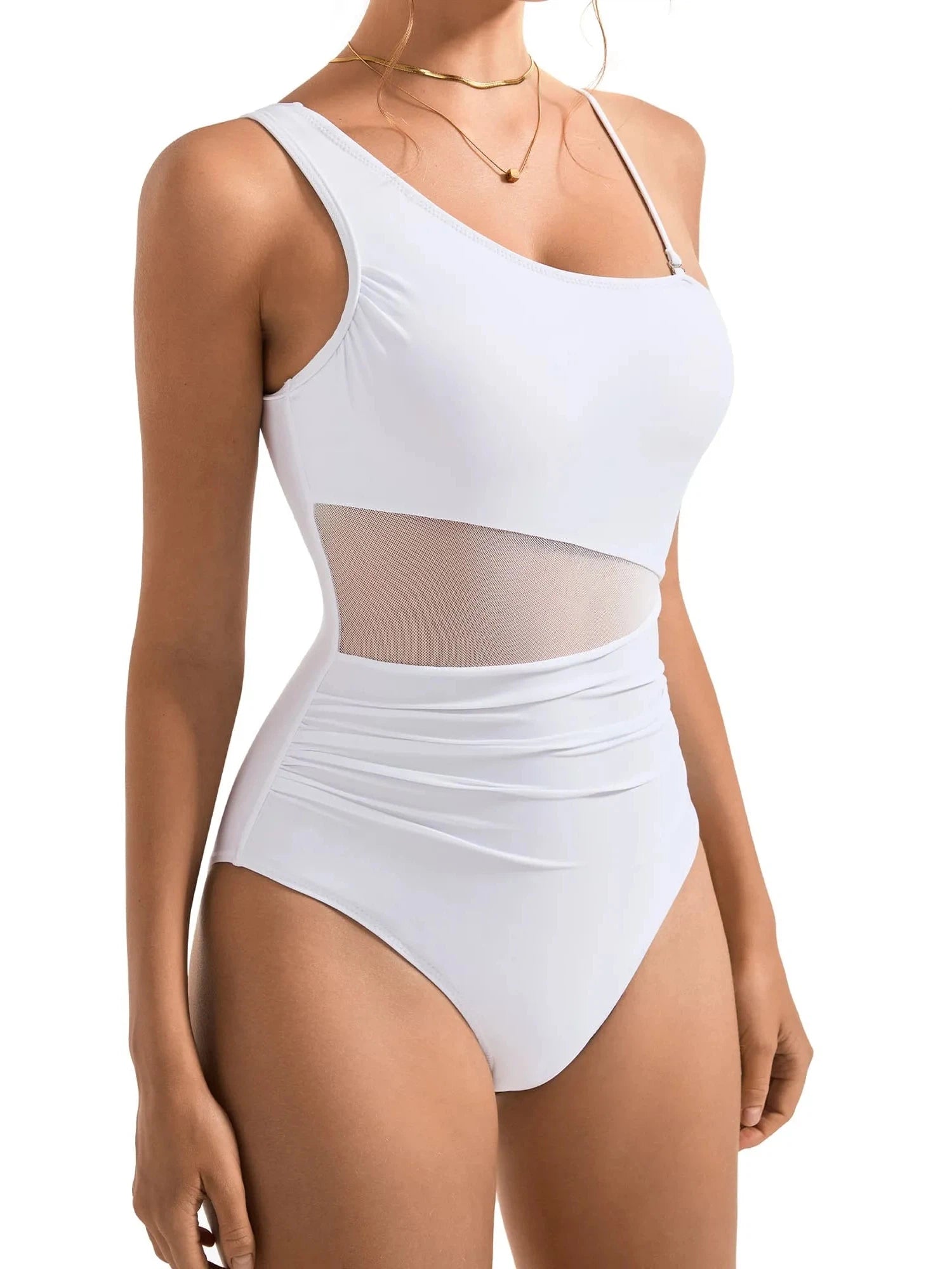 SUUKSESS Women Mesh One Shoulder One Piece Swimsuit Tummy Control Bathing Suit-SUUKSESS-SUUKSESS