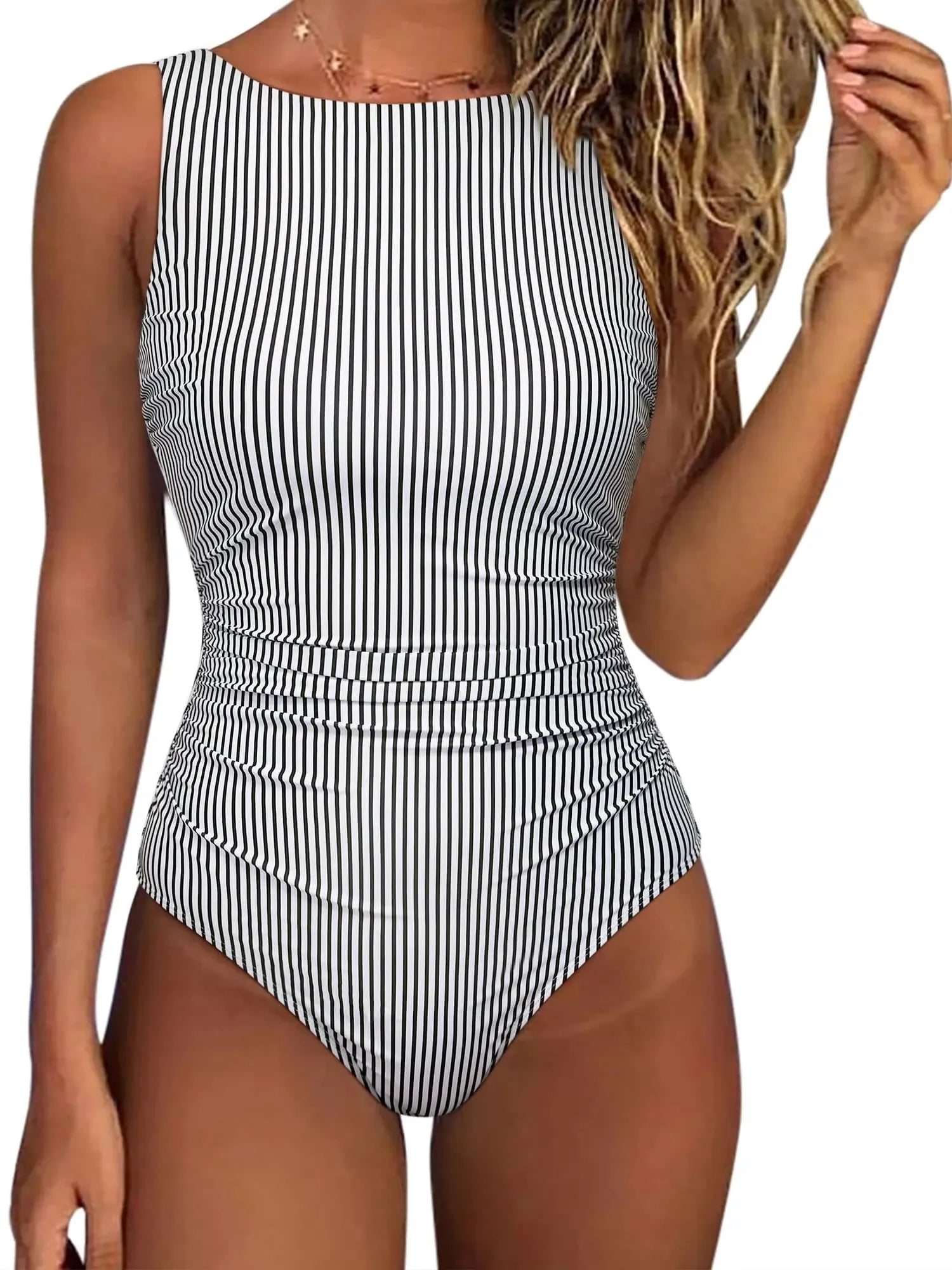 Backless Ruched Bathing Suit-Swimwear-SUUKSESS-White Black Striped-S-SUUKSESS