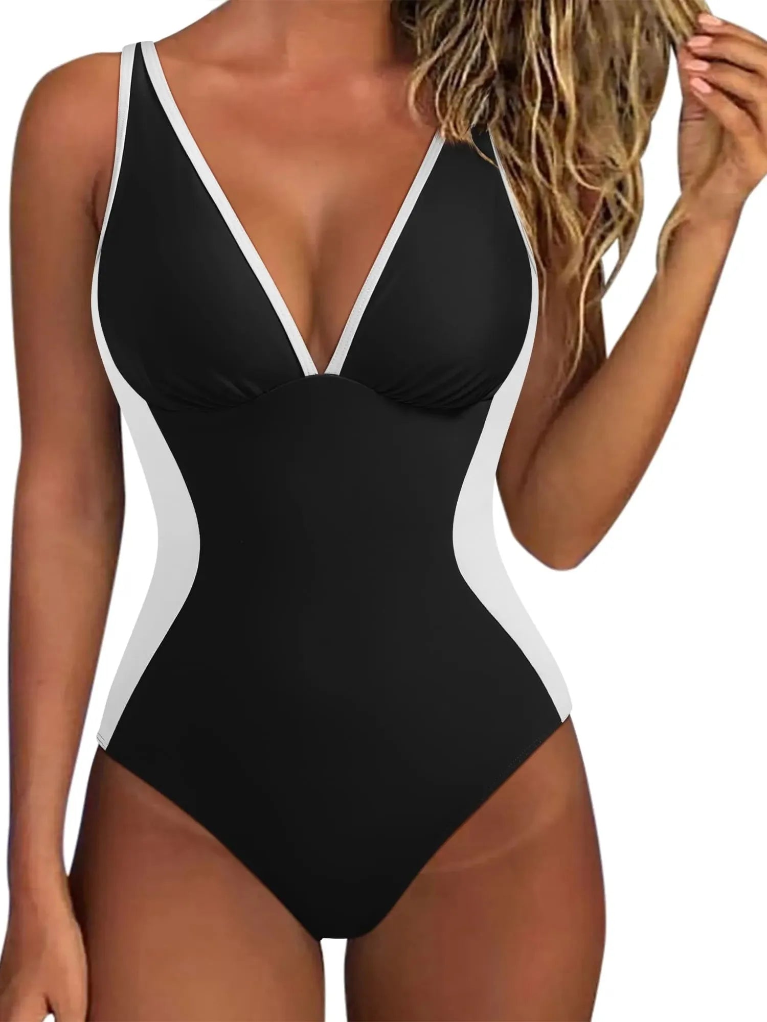 SUUKSESS Women One Piece Swimsuit Slimming Tummy Control Deep V Neck Bathing Suit-SUUKSESS-Black White-S-SUUKSESS