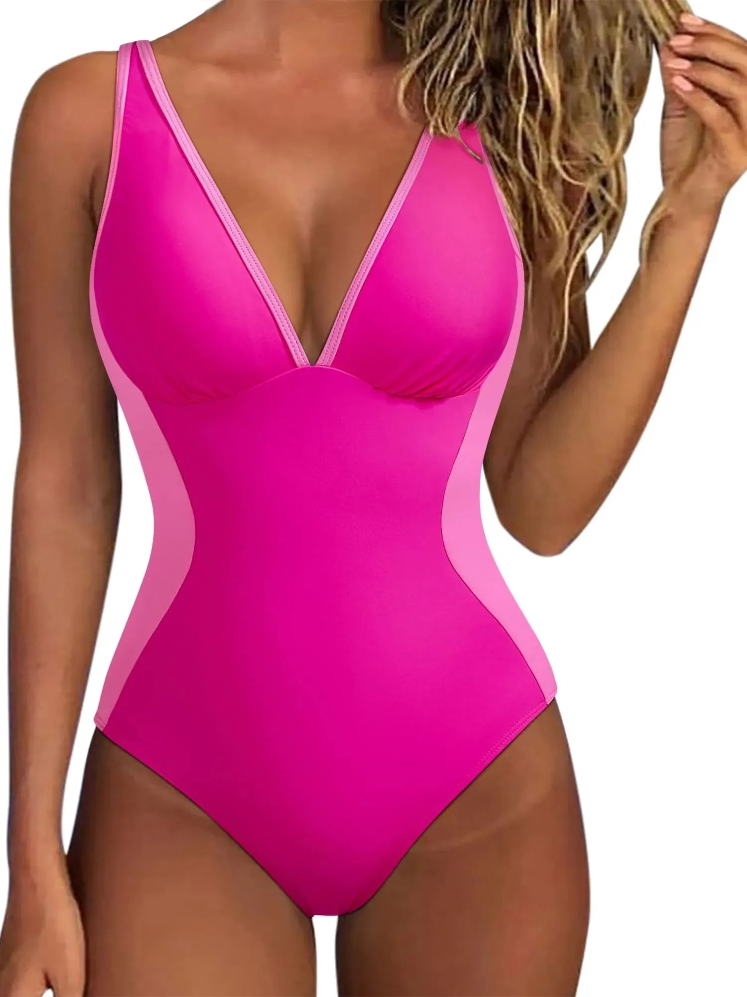 SUUKSESS Women One Piece Swimsuit Slimming Tummy Control Deep V Neck Bathing Suit-SUUKSESS-Pink Colorblock-S-SUUKSESS