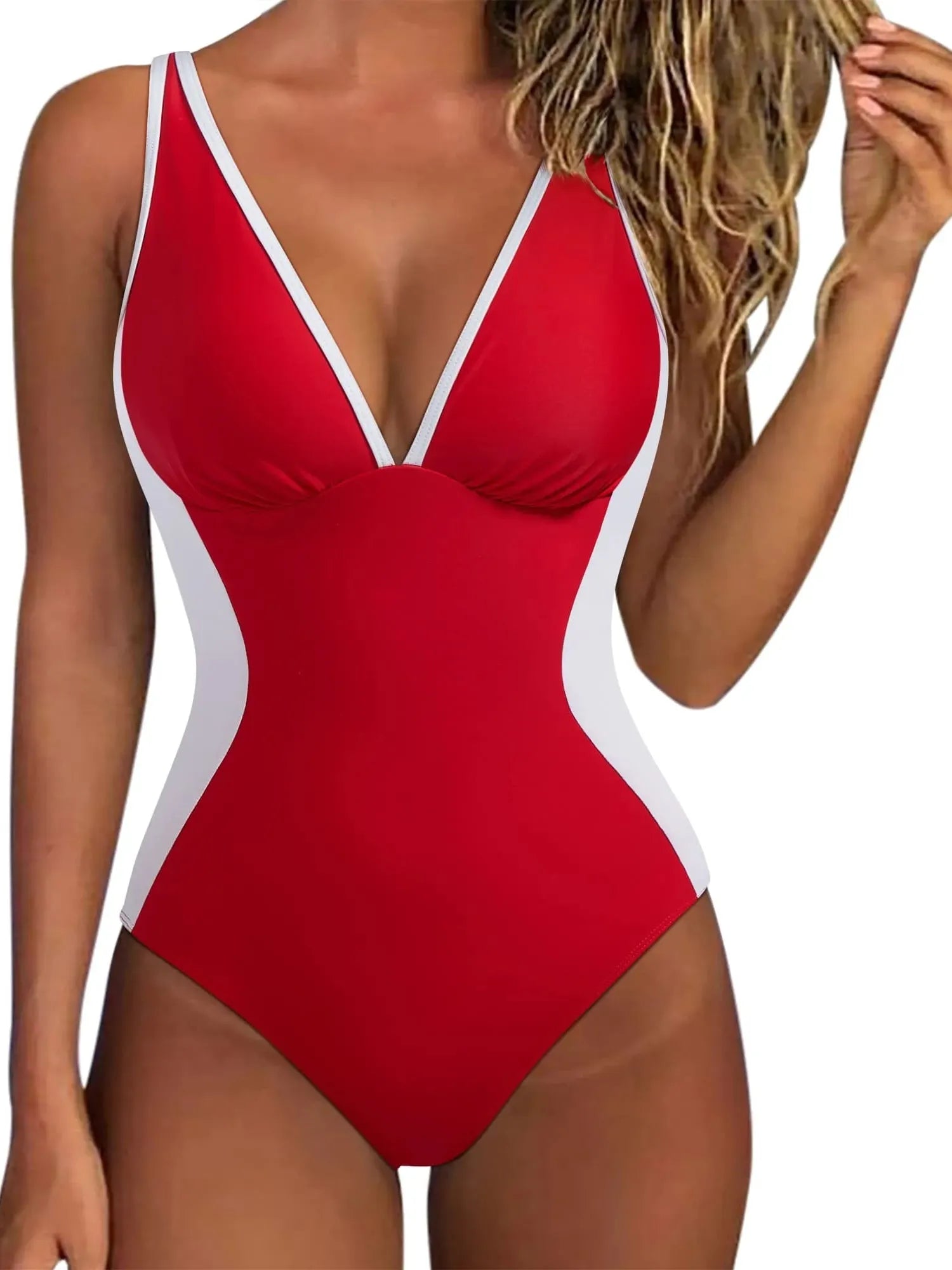 SUUKSESS Women One Piece Swimsuit Slimming Tummy Control Deep V Neck Bathing Suit-SUUKSESS-Red-S-SUUKSESS