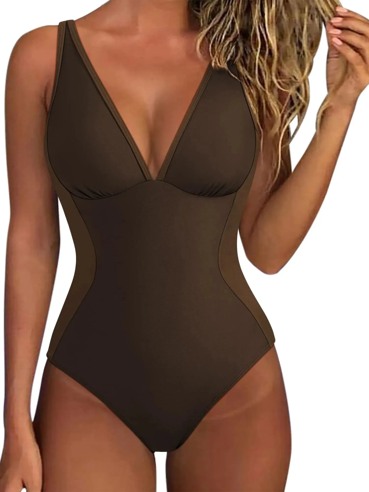 SUUKSESS Women One Piece Swimsuit Slimming Tummy Control Deep V Neck Bathing Suit-SUUKSESS-Brown White-S-SUUKSESS