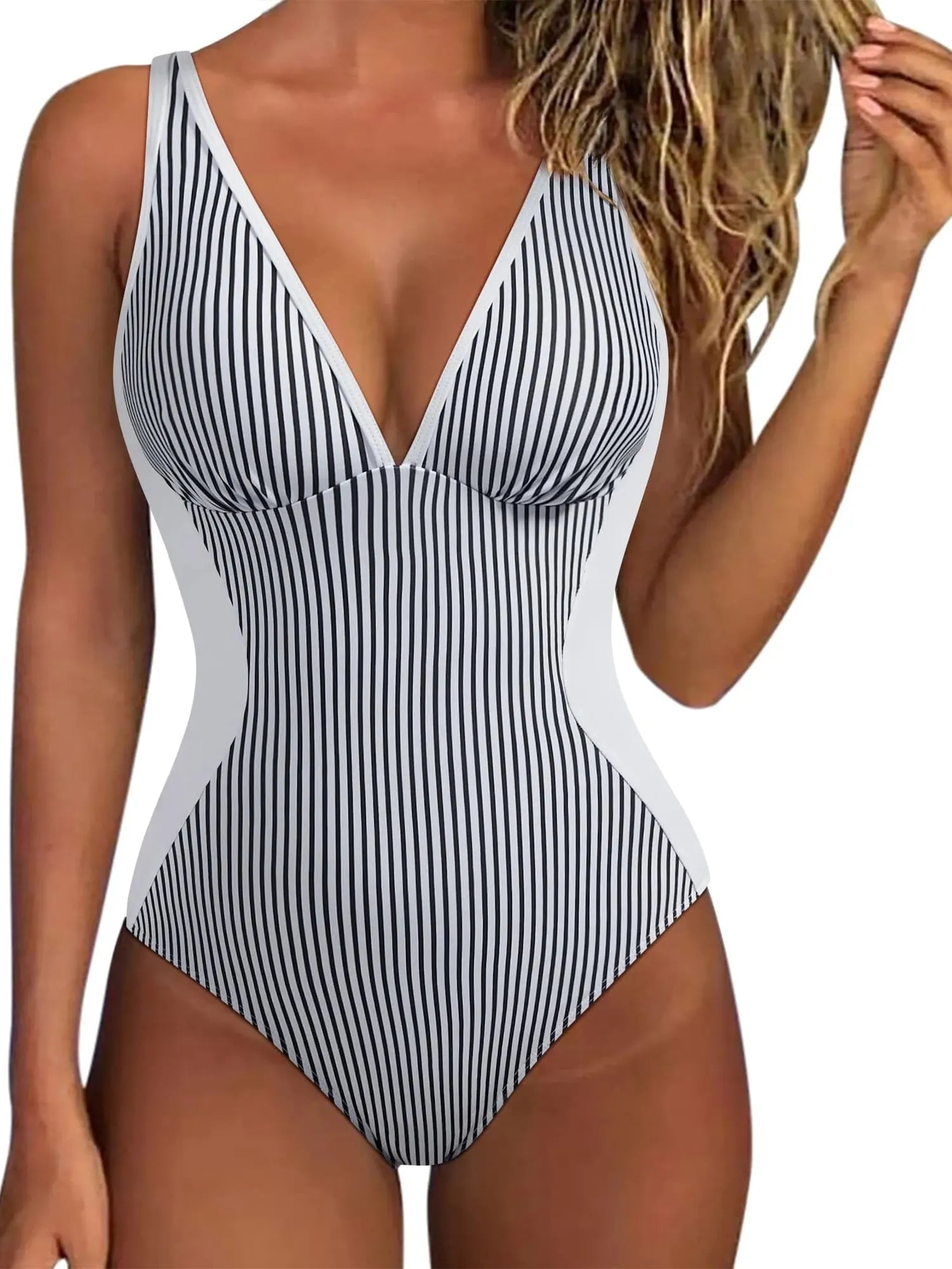 SUUKSESS Women One Piece Swimsuit Slimming Tummy Control Deep V Neck Bathing Suit-SUUKSESS-White Black Striped-S-SUUKSESS