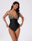 SUUKSESS Women Tummy Control One Piece Swimsuit Sexy V Neck Push Up Bathing Suit-SUUKSESS-Leopard-S-SUUKSESS