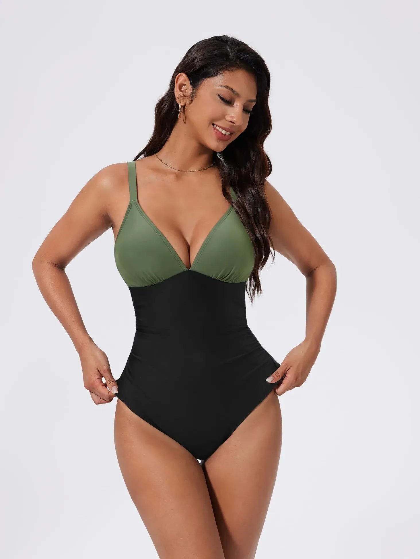 SUUKSESS Women Tummy Control One Piece Swimsuit Sexy V Neck Push Up Bathing Suit-SUUKSESS-Green Black-S-SUUKSESS