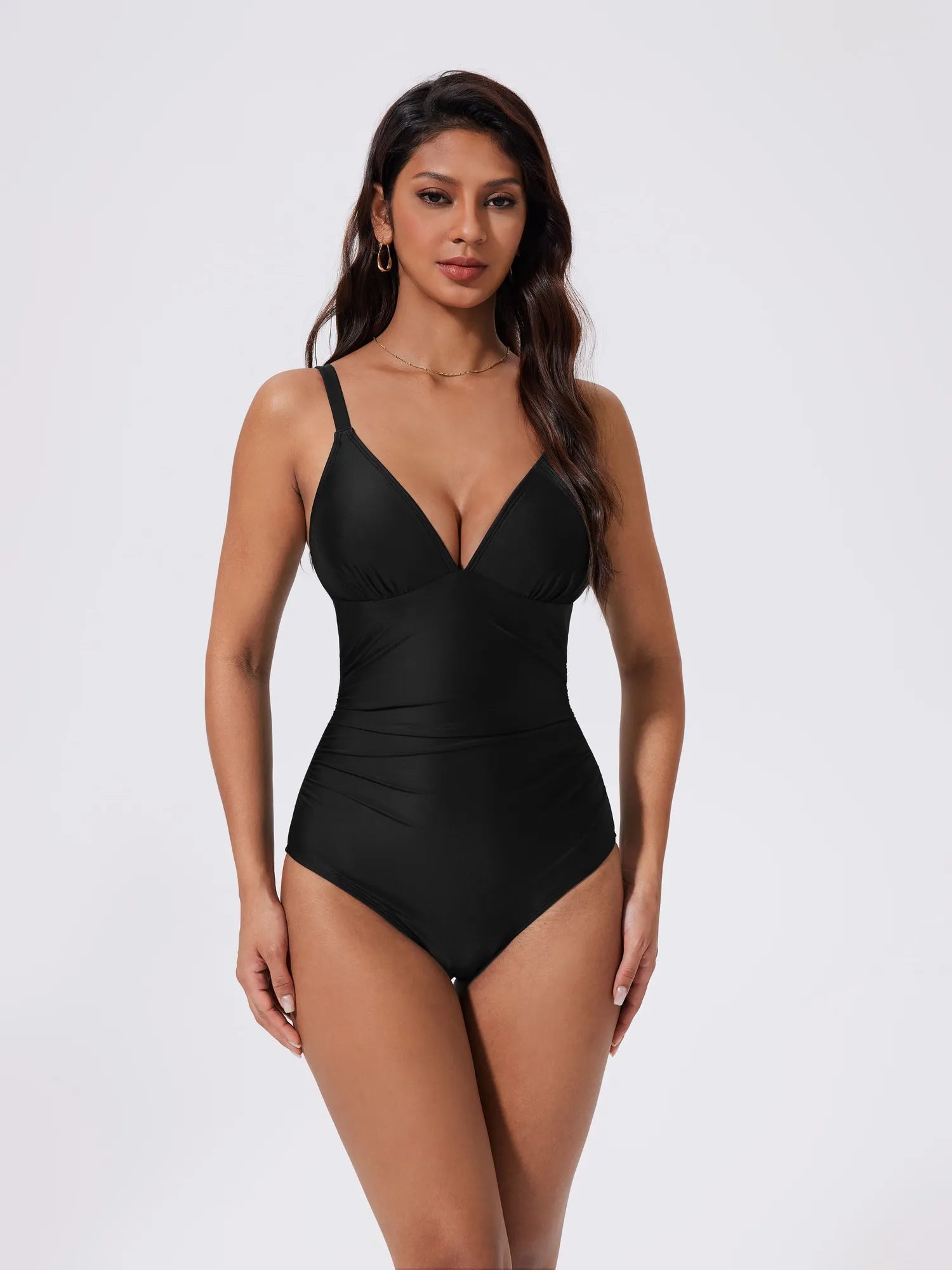 SUUKSESS Women Tummy Control One Piece Swimsuit Sexy V Neck Push Up Bathing Suit-SUUKSESS-Black-S-SUUKSESS