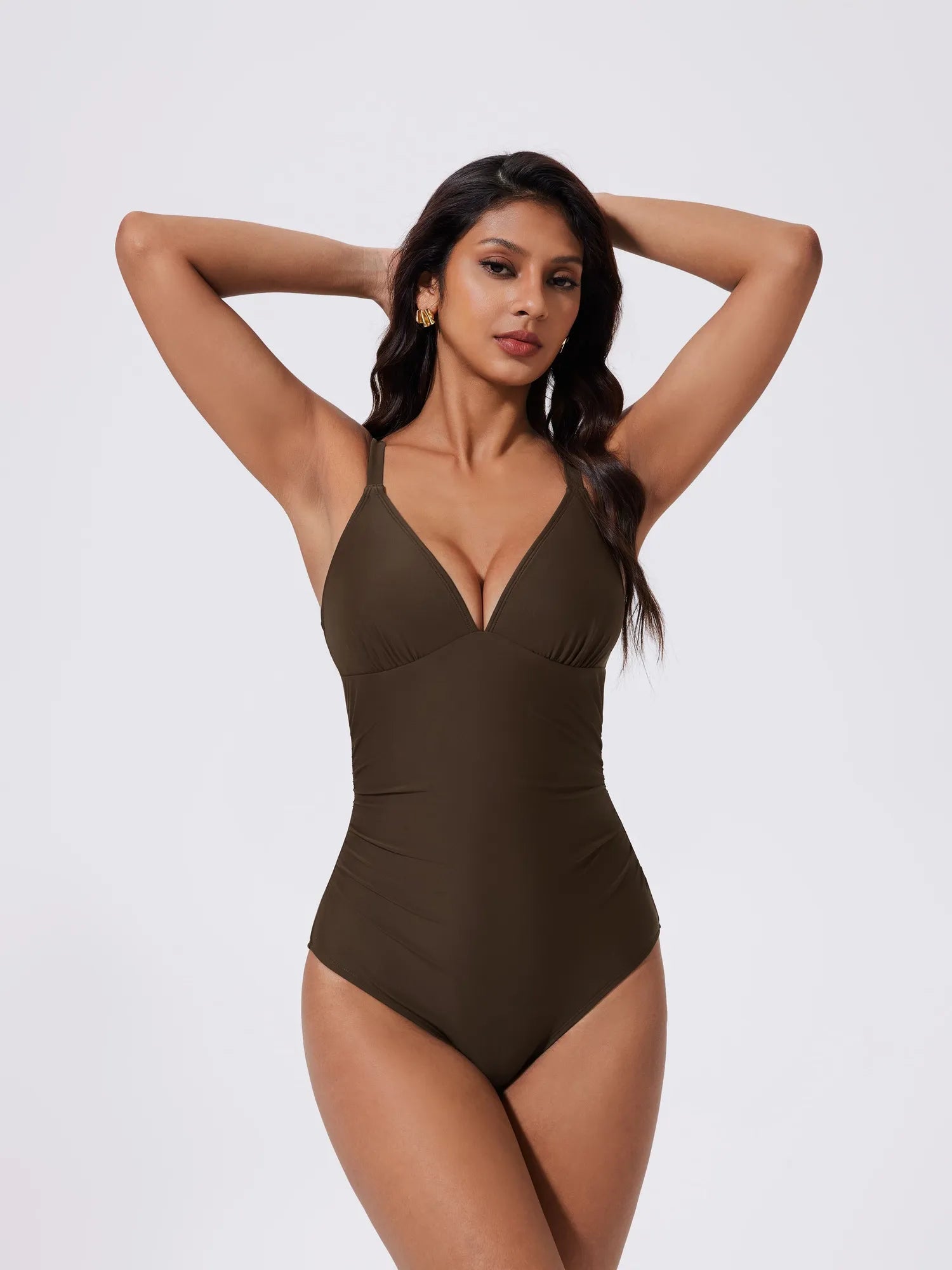 SUUKSESS Women Tummy Control One Piece Swimsuit Sexy V Neck Push Up Bathing Suit-SUUKSESS-Brown-S-SUUKSESS
