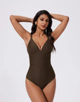 SUUKSESS Women Tummy Control One Piece Swimsuit Sexy V Neck Push Up Bathing Suit-SUUKSESS-Brown-S-SUUKSESS