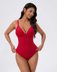 SUUKSESS Women Tummy Control One Piece Swimsuit Sexy V Neck Push Up Bathing Suit-SUUKSESS-Red-S-SUUKSESS