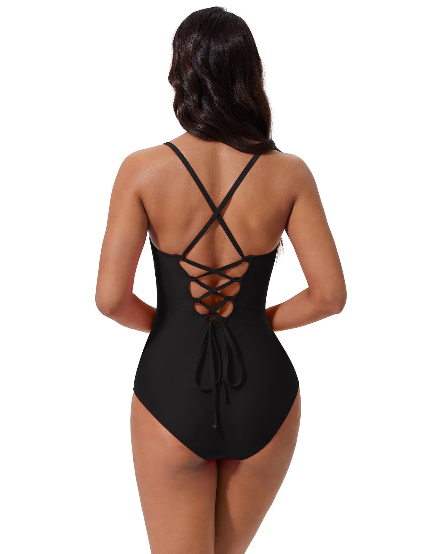 SUUKSESS Women Slimming Tummy Control One Piece Swimsuit Modest Cut Out Bathing Suit Retro Crisscross Back Swimwear