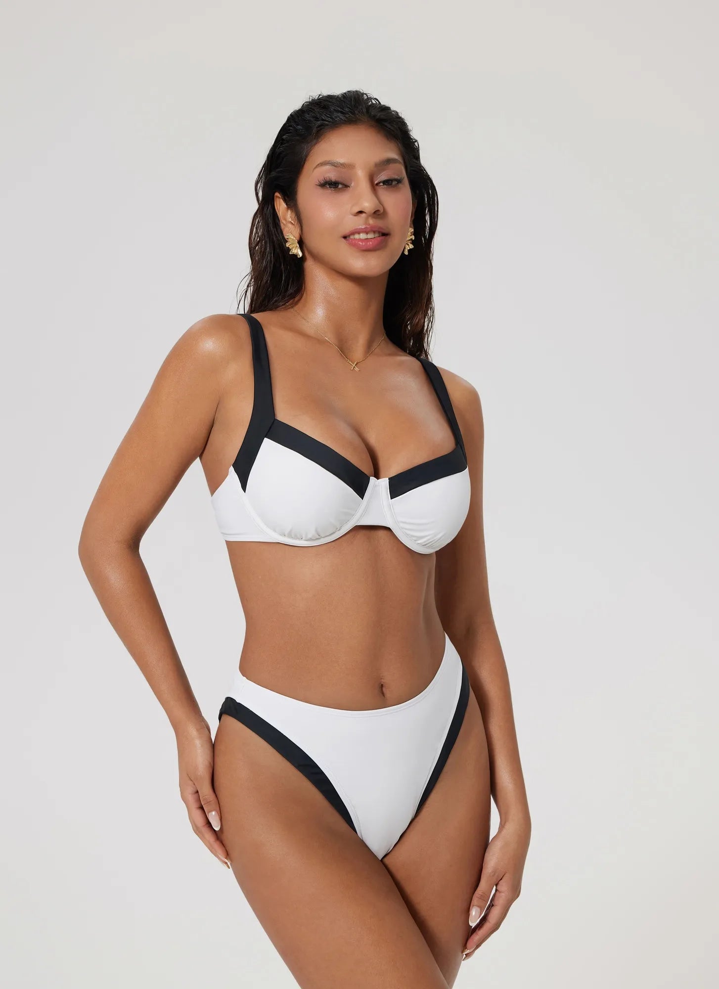 Color Block Underwire 2 Piece Swimsuit-SUUKSESS-White Black-S-SUUKSESS