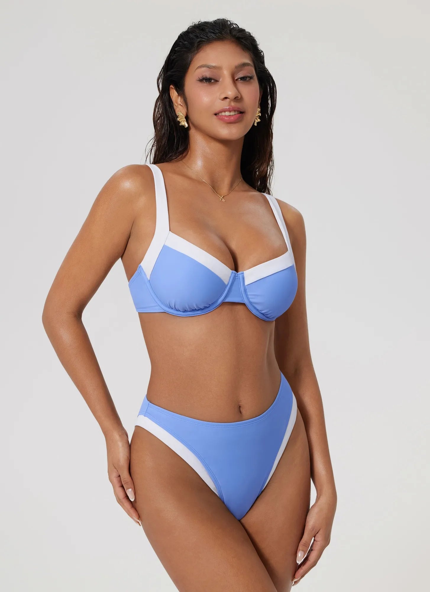 Color Block Underwire 2 Piece Swimsuit-SUUKSESS-Blue White-S-SUUKSESS