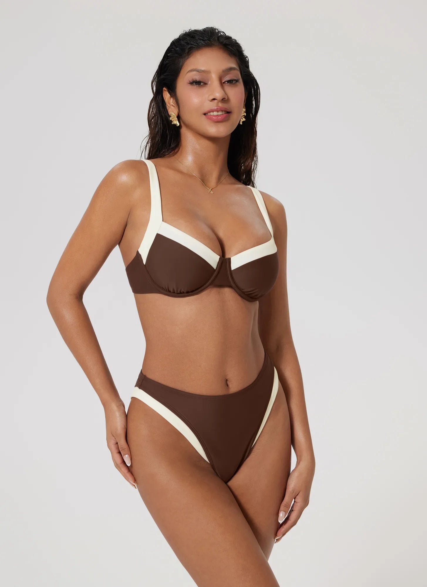 Color Block Underwire 2 Piece Swimsuit-SUUKSESS-Brown White-S-SUUKSESS
