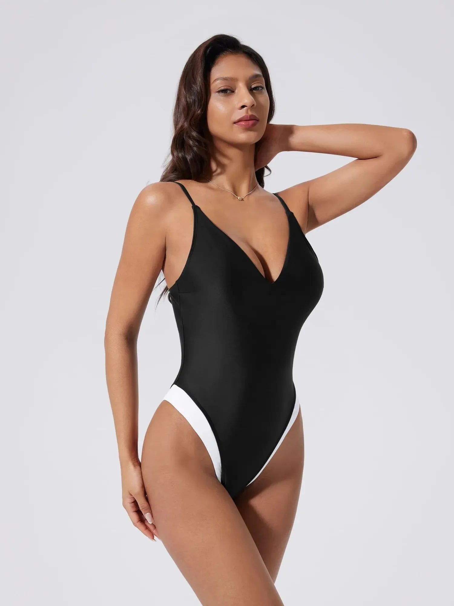 V Open Back One Piece Swimsuits-SUUKSESS-Black and White-S-SUUKSESS