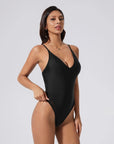 V Open Back One Piece Swimsuits-SUUKSESS-Black-S-SUUKSESS