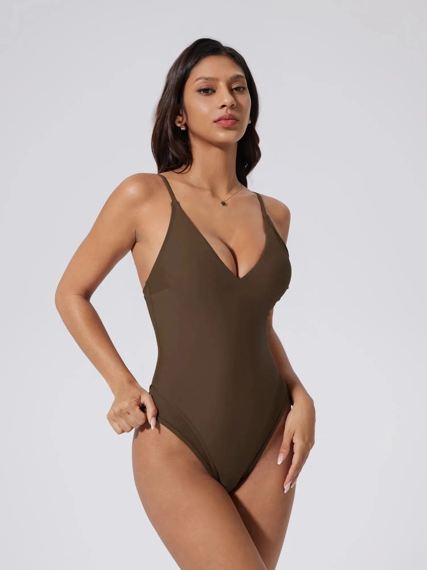 V Open Back One Piece Swimsuits-SUUKSESS-Brown-S-SUUKSESS