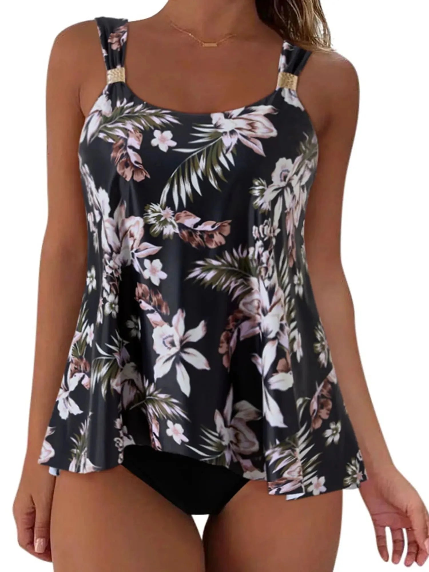 SUUKSESS Women Ruffle High Waisted Tankini Swimsuit Tummy Control Bathing Suit-SUUKSESS-Black Floral-S-SUUKSESS