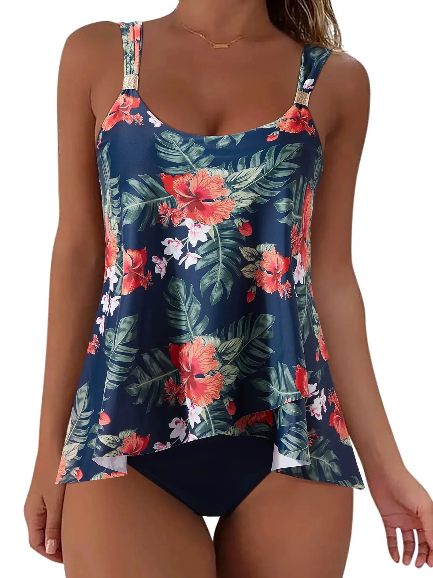 SUUKSESS Women Ruffle High Waisted Tankini Swimsuit Tummy Control Bathing Suit-SUUKSESS-Tropical Floral Navy Blue-S-SUUKSESS