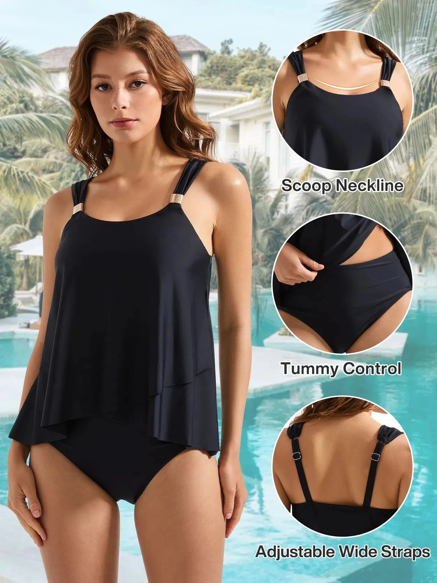 SUUKSESS Women Ruffle High Waisted Tankini Swimsuit Tummy Control Bathing Suit-SUUKSESS-SUUKSESS