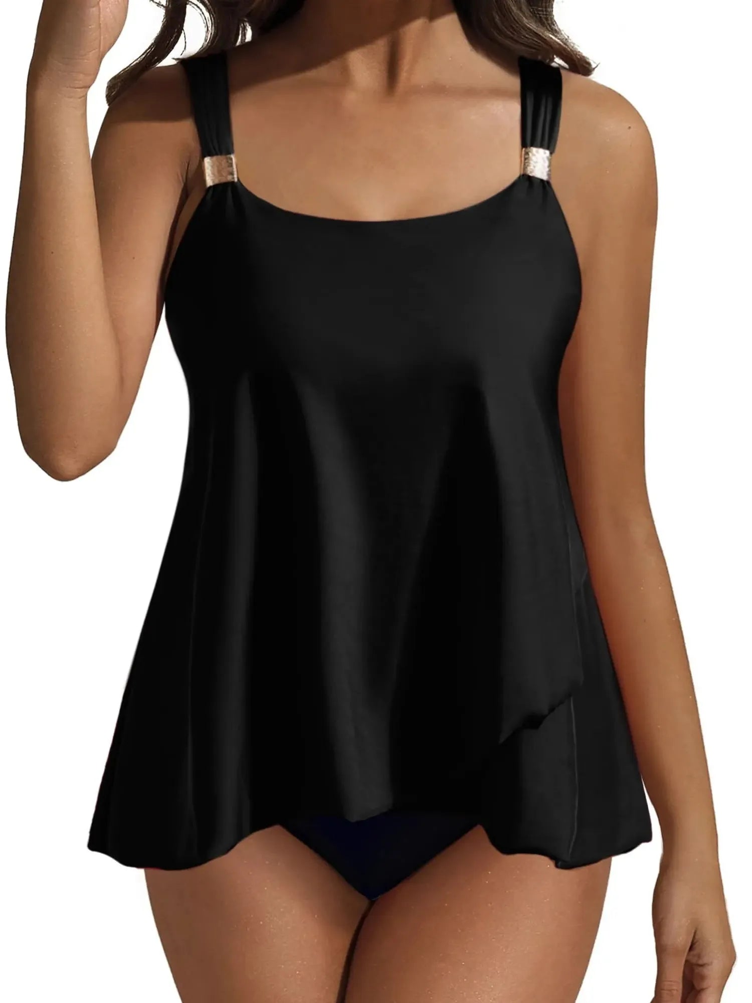 SUUKSESS Women Ruffle High Waisted Tankini Swimsuit Tummy Control Bathing Suit-SUUKSESS-Black-S-SUUKSESS