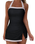 SUUKSESS Women Tummy Control Tankini Swimsuits with Skirt Backless Bathing Suit-SUUKSESS-Black-S-SUUKSESS