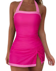 SUUKSESS Women Tummy Control Tankini Swimsuits with Skirt Backless Bathing Suit-SUUKSESS-Pink-S-SUUKSESS