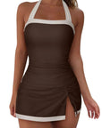 SUUKSESS Women Tummy Control Tankini Swimsuits with Skirt Backless Bathing Suit-SUUKSESS-Beige Brown-S-SUUKSESS