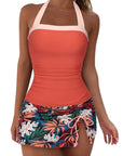 SUUKSESS Women Tummy Control Tankini Swimsuits with Skirt Backless Bathing Suit-SUUKSESS-Coral Pink Leaf-S-SUUKSESS