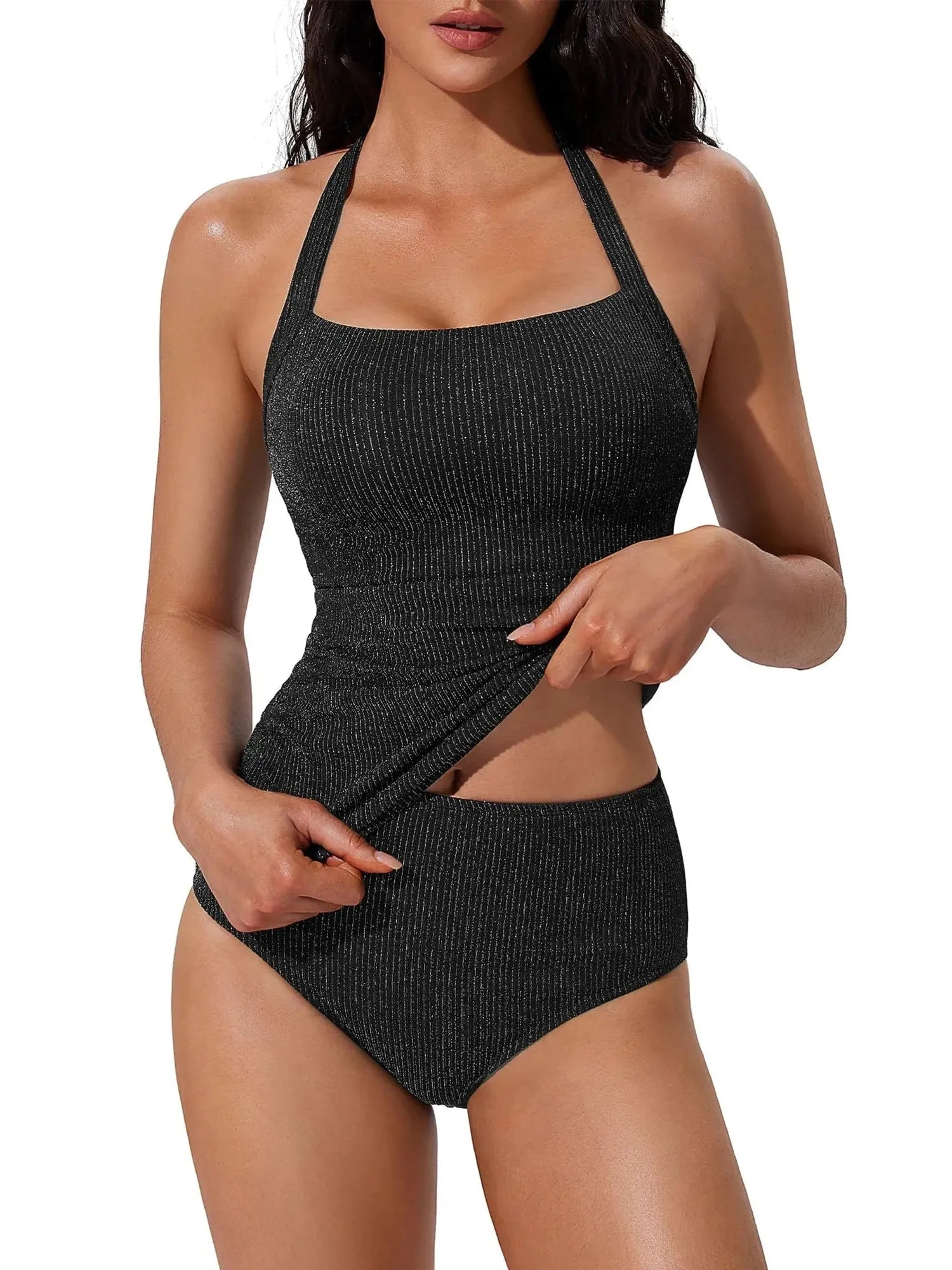 Halter Tankini 2 Piece Bathing Suits-SUUKSESS-Black-S-SUUKSESS