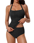 Halter Tankini 2 Piece Bathing Suits-SUUKSESS-Black-S-SUUKSESS
