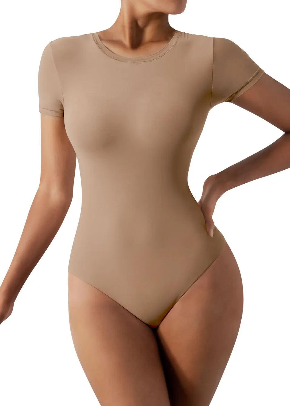 Plus Nude Ribbed Plunge Short Sleeve Bodysuit