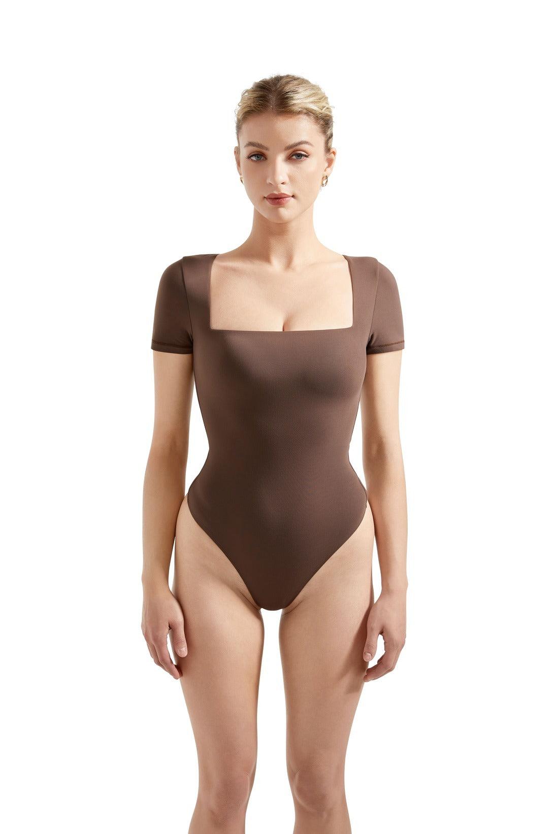 Buttery Soft Square Neck Bodysuit - Short Sleeve-Clothing-SUUKSESS-Brown-S-SUUKSESS