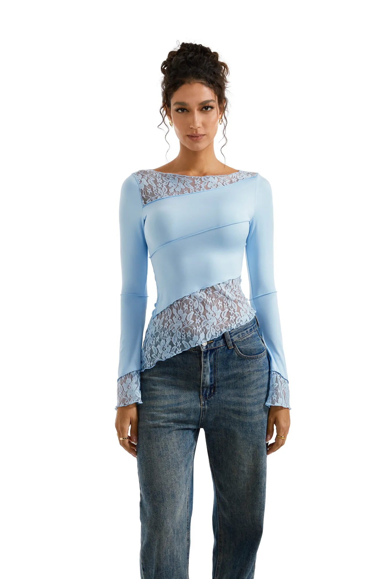 Mesh Lace Crew Neck Shirt - Long Sleeve-Clothing-SUUKSESS-XS-Light Blue-SUUKSESS