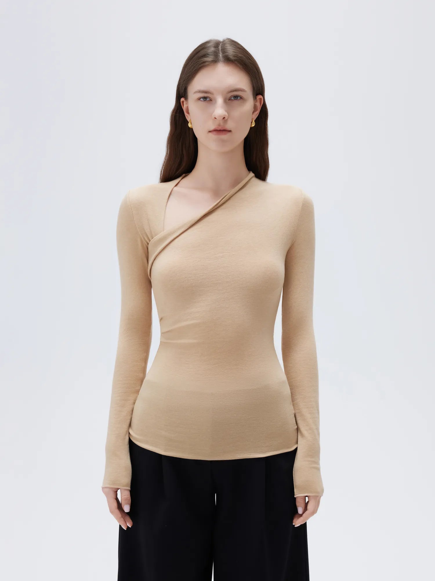 SUUKSESS Modal Cashmere Long Sleeve T Shirts for Women Ultralight Fall Fashion 2025 Trendy Asymmetric Neck Casual Tops-SUUKSESS-Kahaki-XS-SUUKSESS