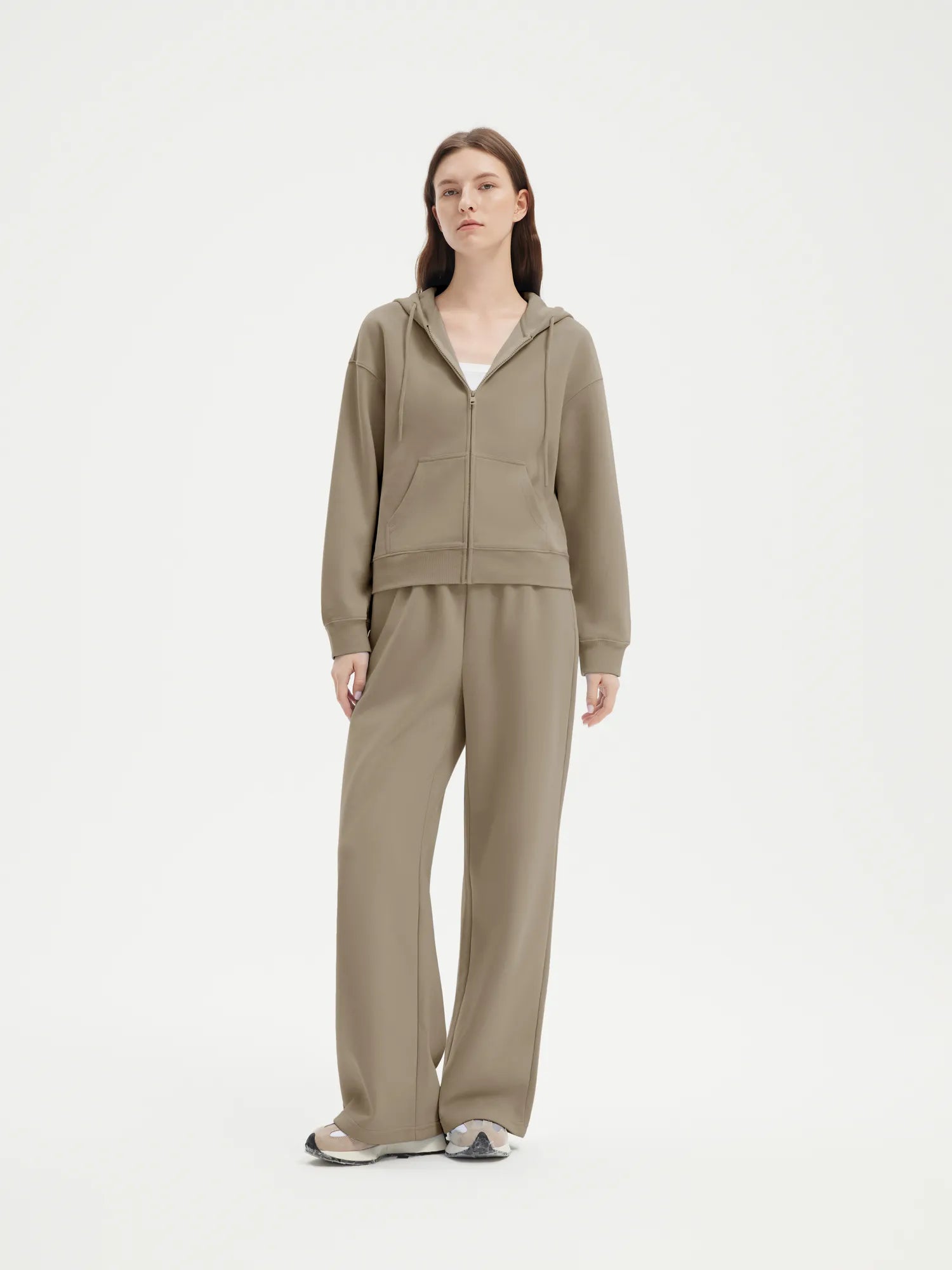 SUUKSESS Womens 2 Piece Outfits Zip Up Hoodie Sweatshirt Tracksuit Straight Wide Leg Sweatpant Lounge Matching Sets-SUUKSESS-Khaki-XS-SUUKSESS