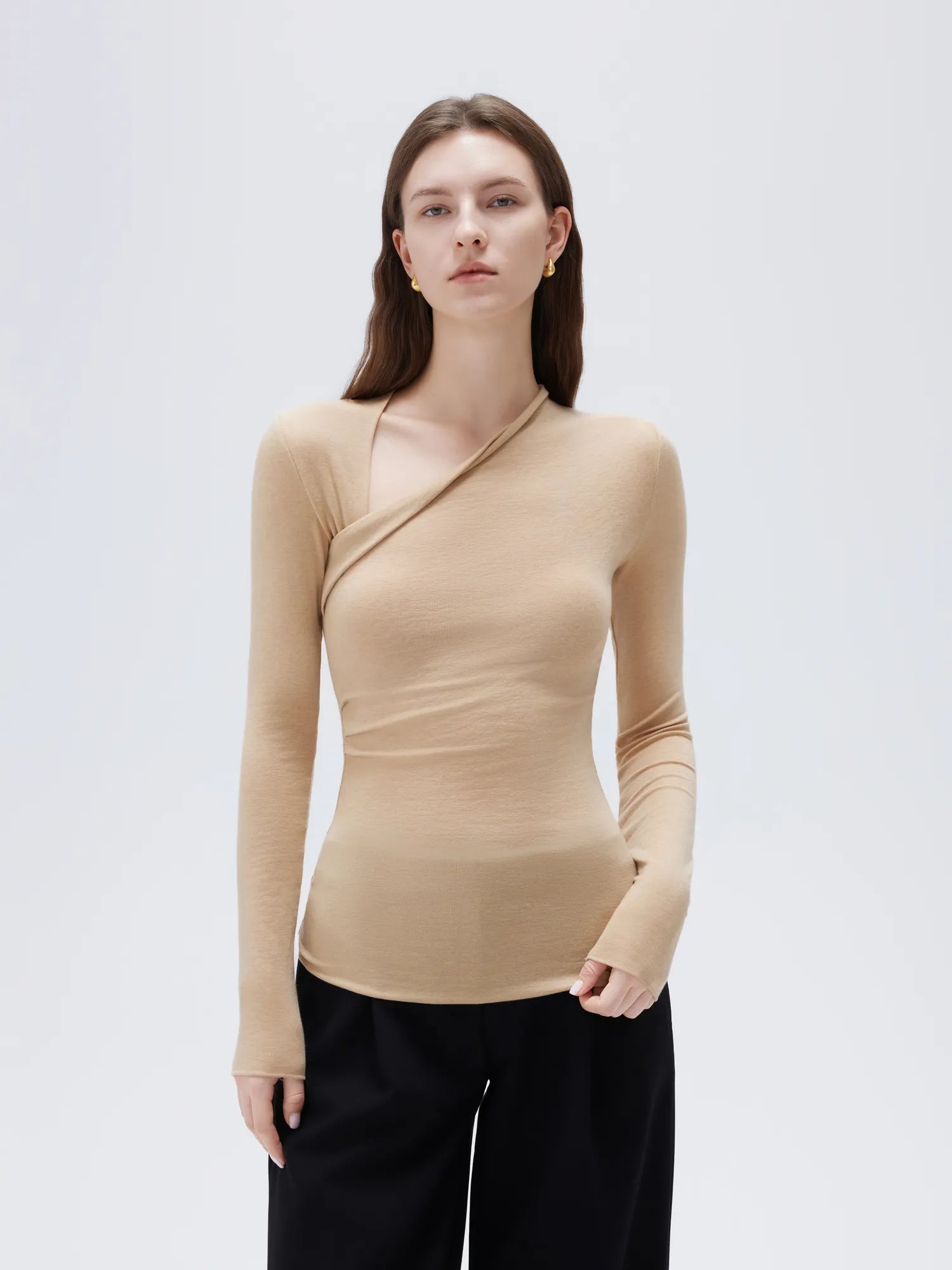 SUUKSESS Modal Cashmere Long Sleeve T Shirts for Women Ultralight Fall Fashion 2025 Trendy Asymmetric Neck Casual Tops-SUUKSESS-SUUKSESS