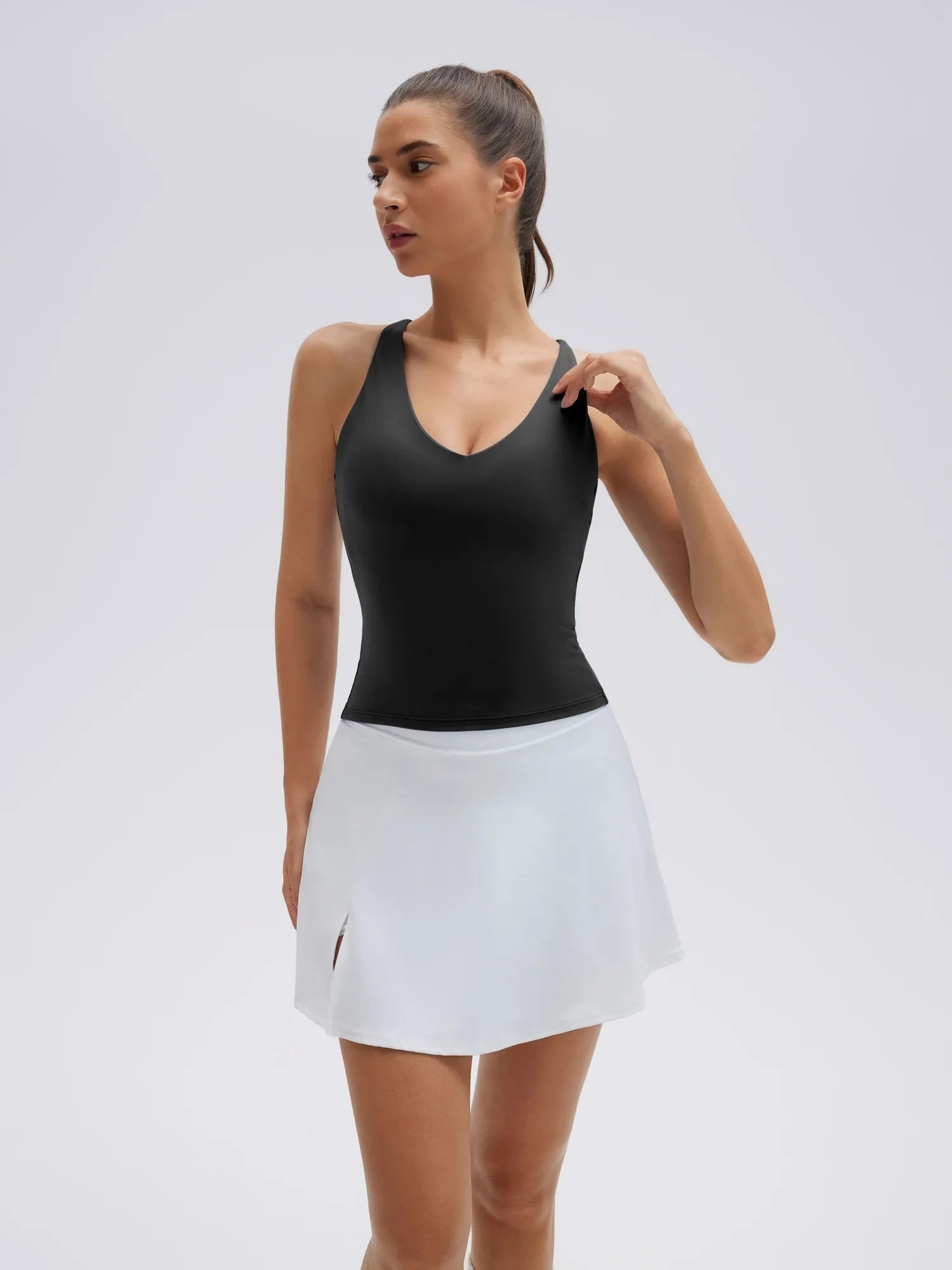 Open Back V Neck Padded Longline Workout Tank Tops-SUUKSESS-Black-XS-SUUKSESS