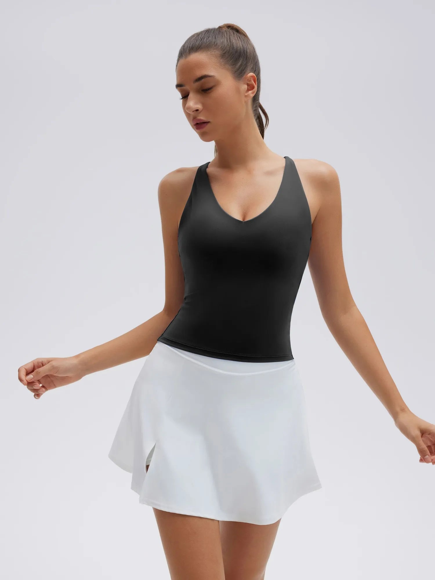 Open Back V Neck Padded Longline Workout Tank Tops-SUUKSESS-SUUKSESS