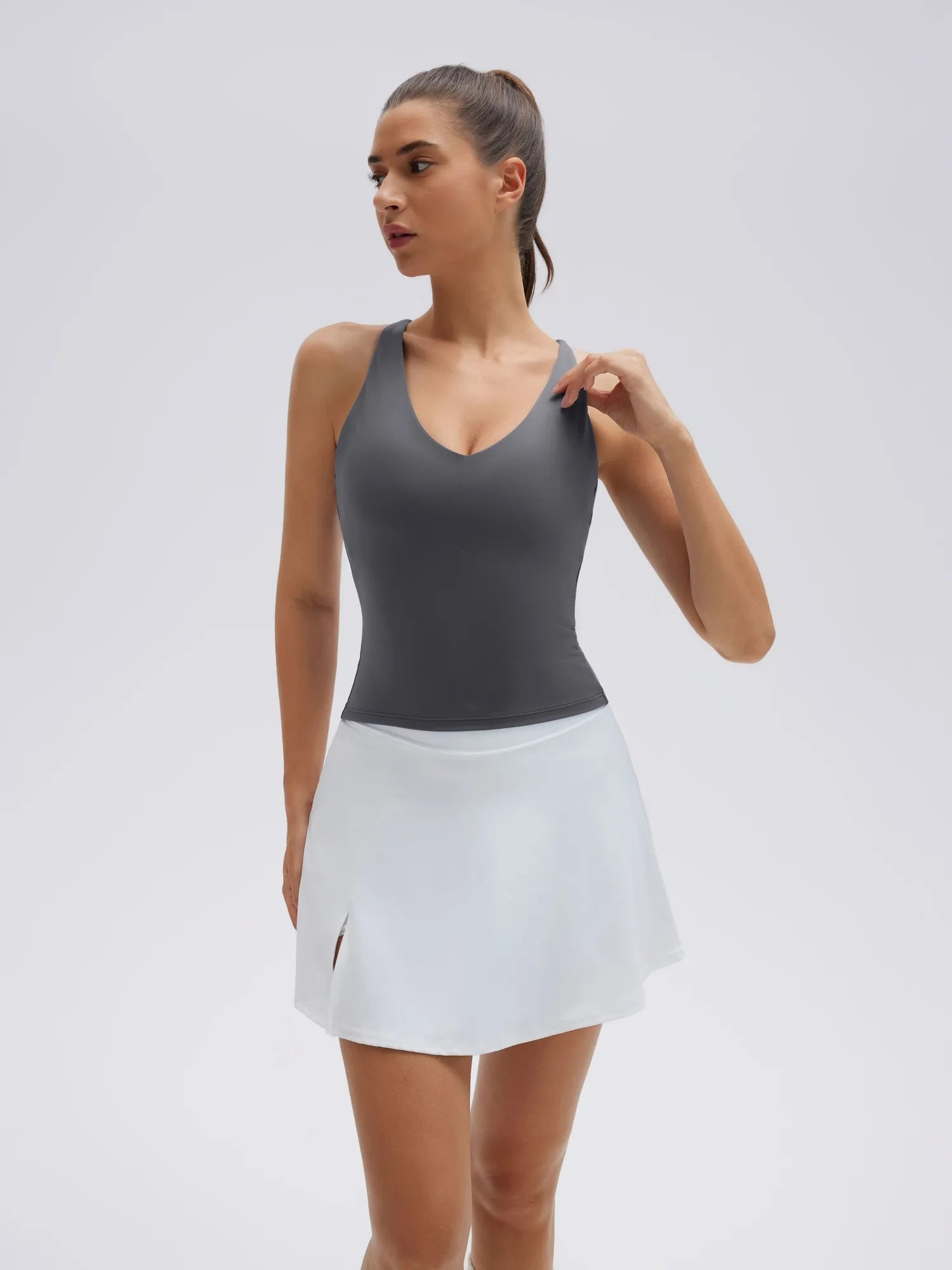 Open Back V Neck Padded Longline Workout Tank Tops-SUUKSESS-Grey-XS-SUUKSESS