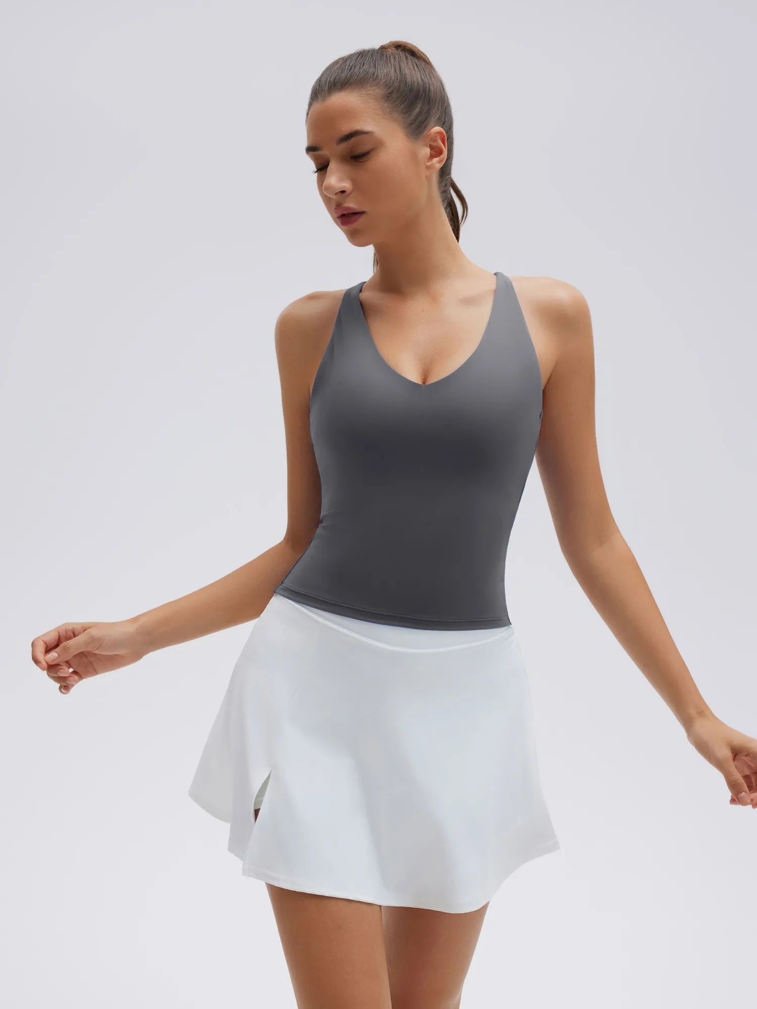 Open Back V Neck Padded Longline Workout Tank Tops-SUUKSESS-SUUKSESS