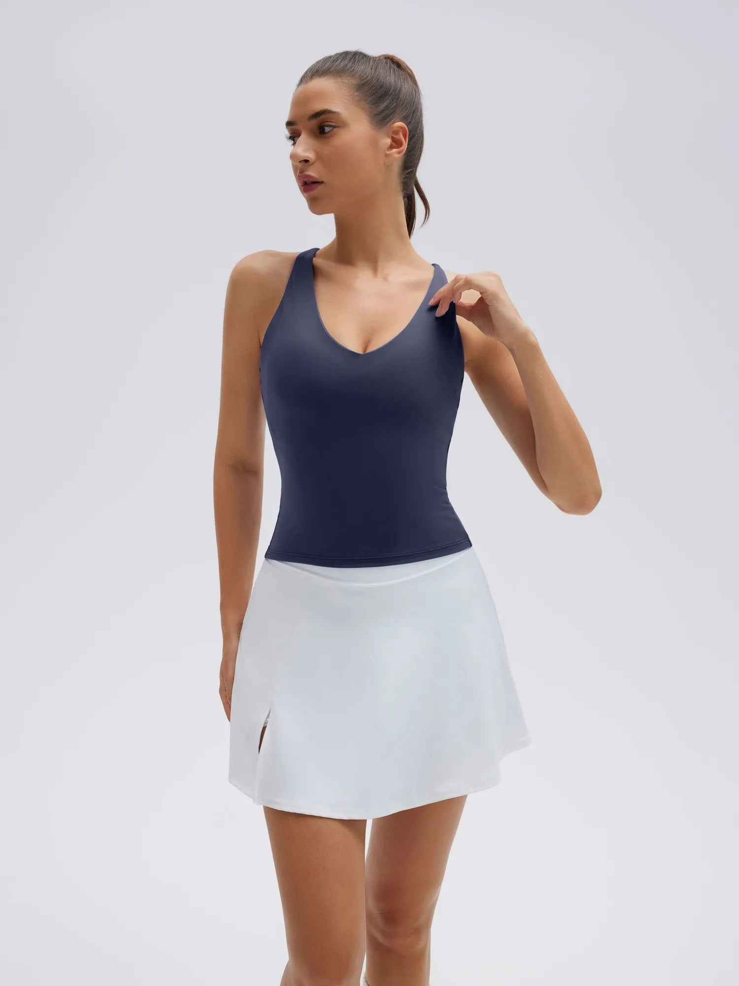 Open Back V Neck Padded Longline Workout Tank Tops-SUUKSESS-Navy-XS-SUUKSESS