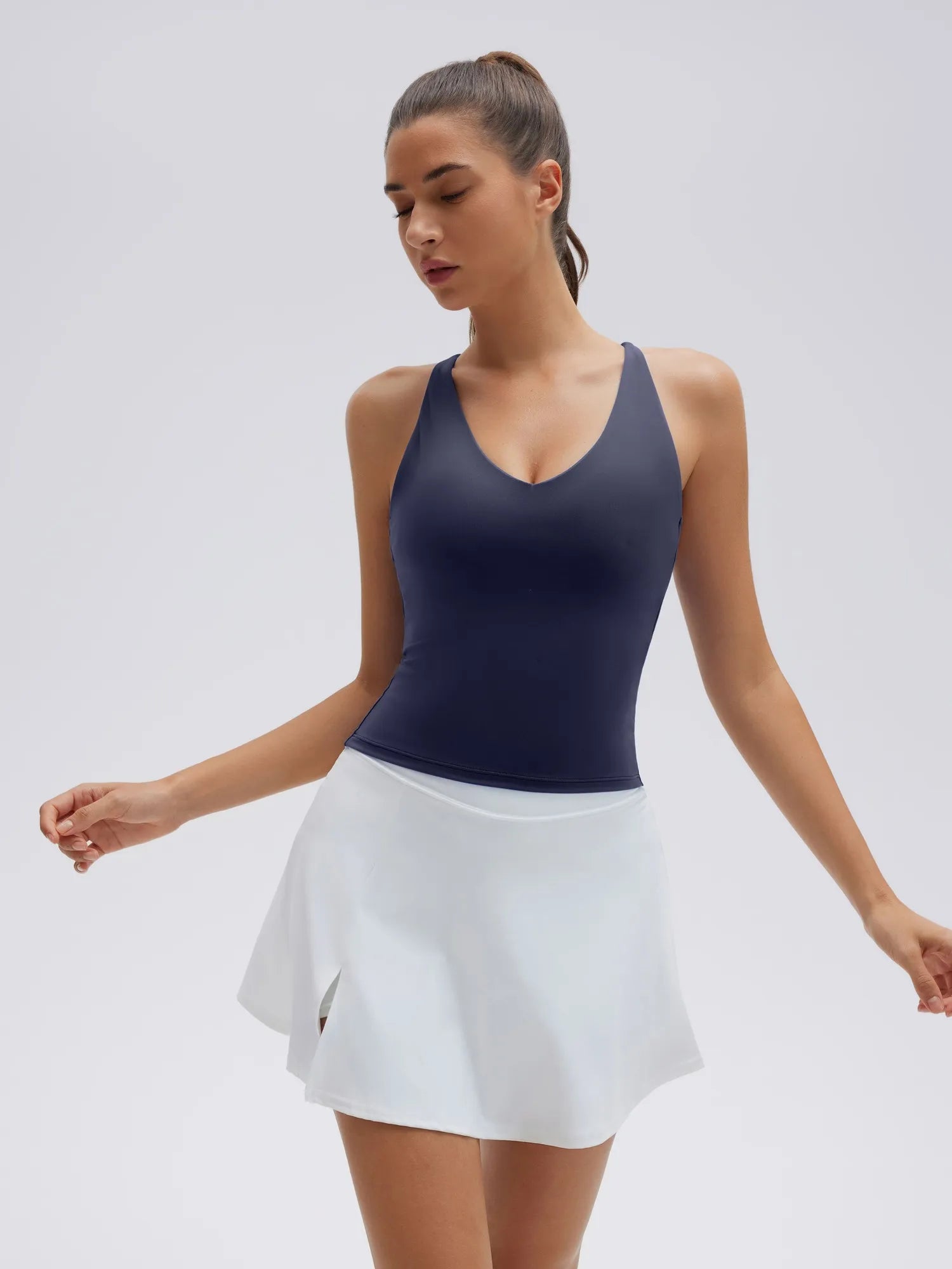 Open Back V Neck Padded Longline Workout Tank Tops-SUUKSESS-SUUKSESS