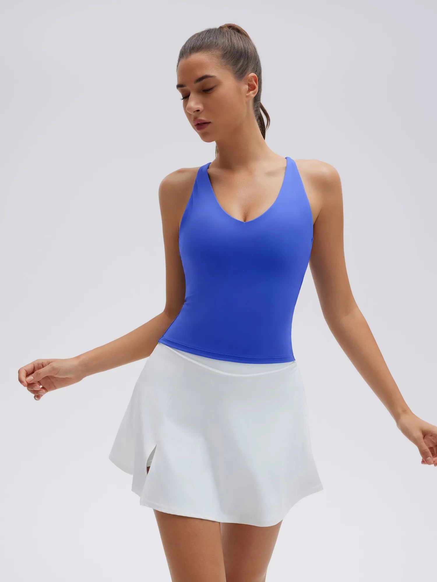 Open Back V Neck Padded Longline Workout Tank Tops-SUUKSESS-SUUKSESS