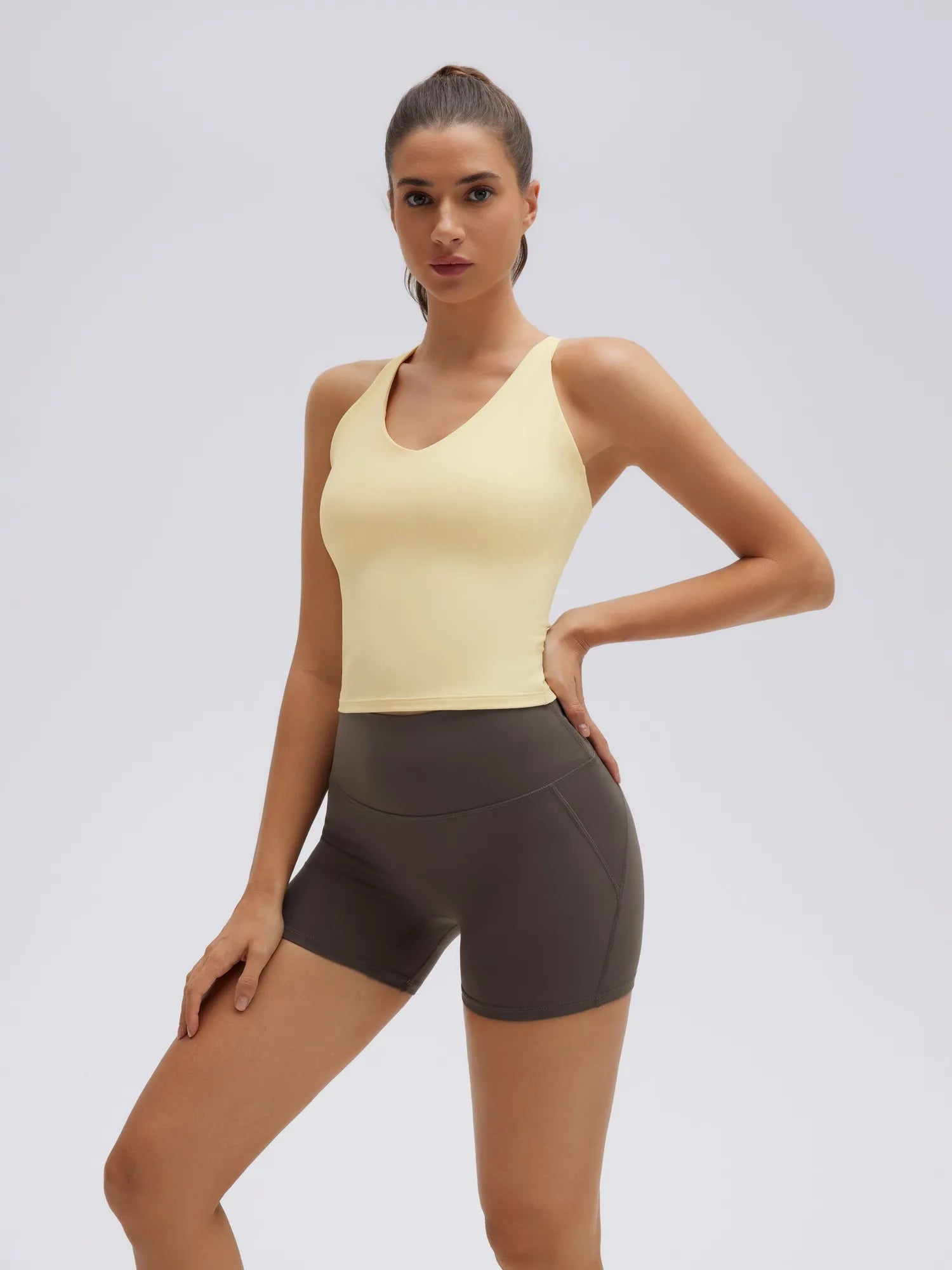 Open Back V Neck Padded Longline Workout Tank Tops-SUUKSESS-Yellow-XS-SUUKSESS